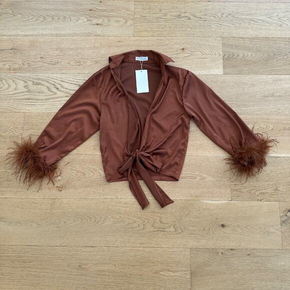 Rumours Feather trim Long Sleeve tie Front Top in Brown - Picture 1 of 7